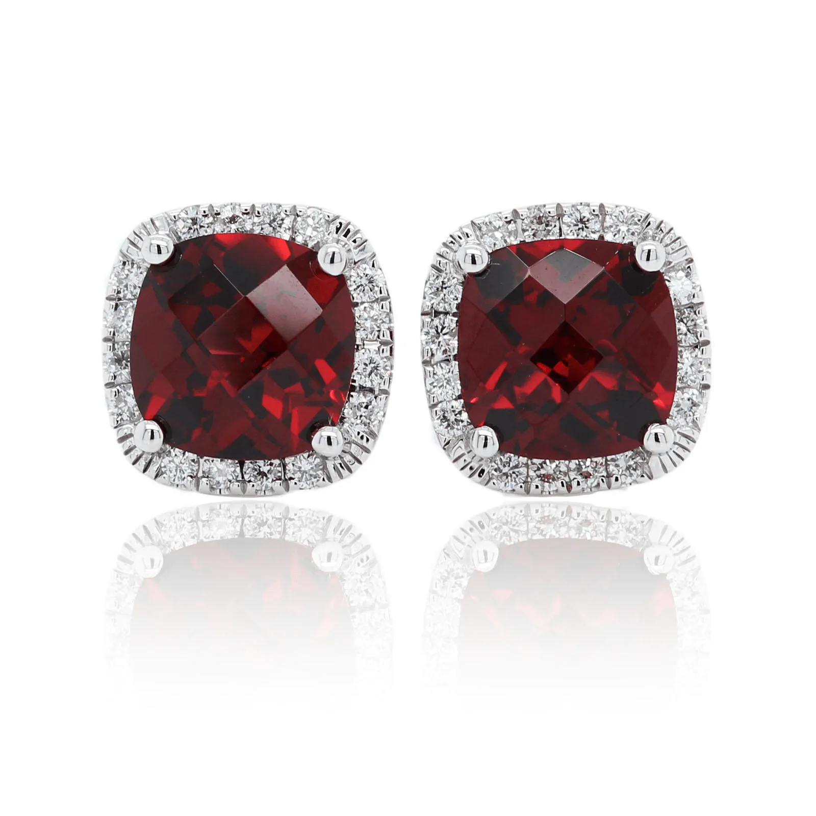 14K White Gold Cushion Garnet Diamond Halo Stud Earrings