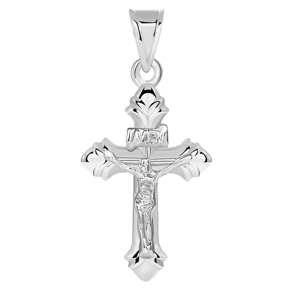 14k White Gold INRI Fleur-de-Lis Crucifix Cross Pendant Necklace