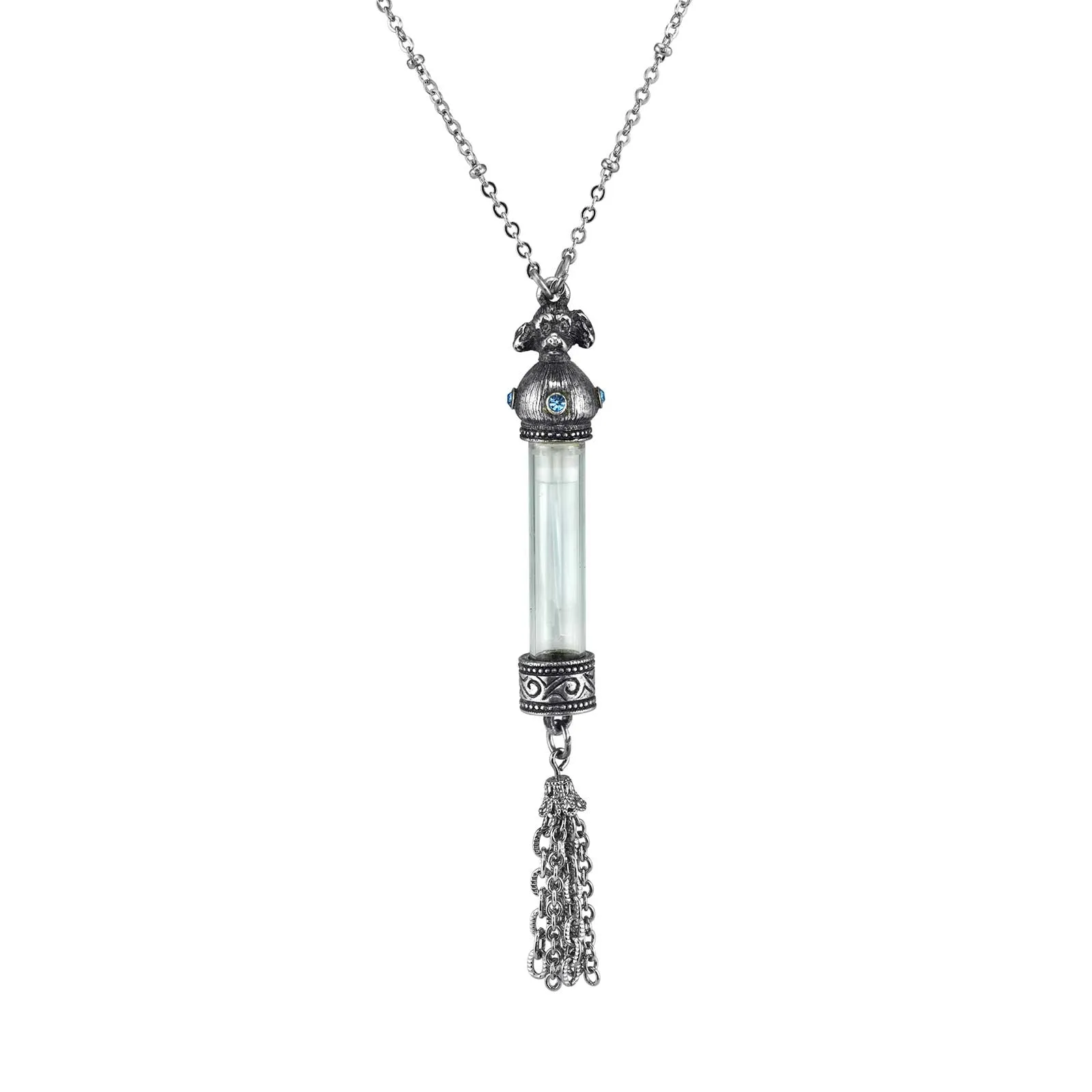 1928 Jewelry Antiqued Dog Light Blue Crystal Glass Vial Tassel Necklace 30"