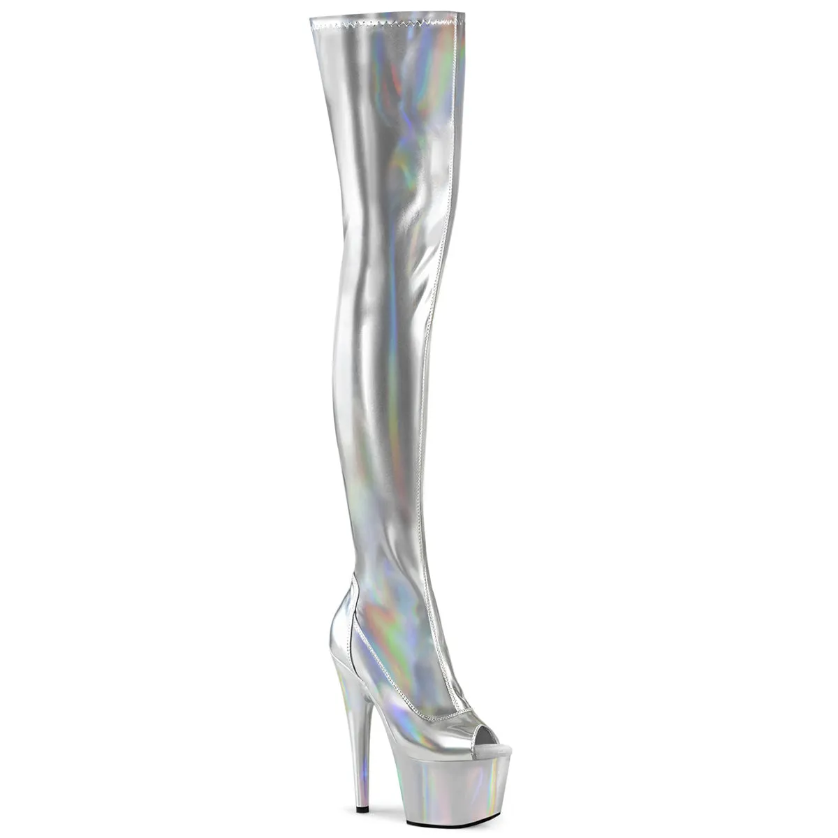 7" Holographic Platform Peep Toe Stretch Thigh High Boot (ADORE-3011HWR)