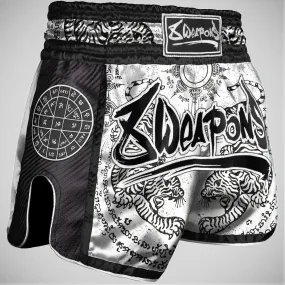 8 Weapons Sak Yant Tigers Carbon Muay Thai Shorts White