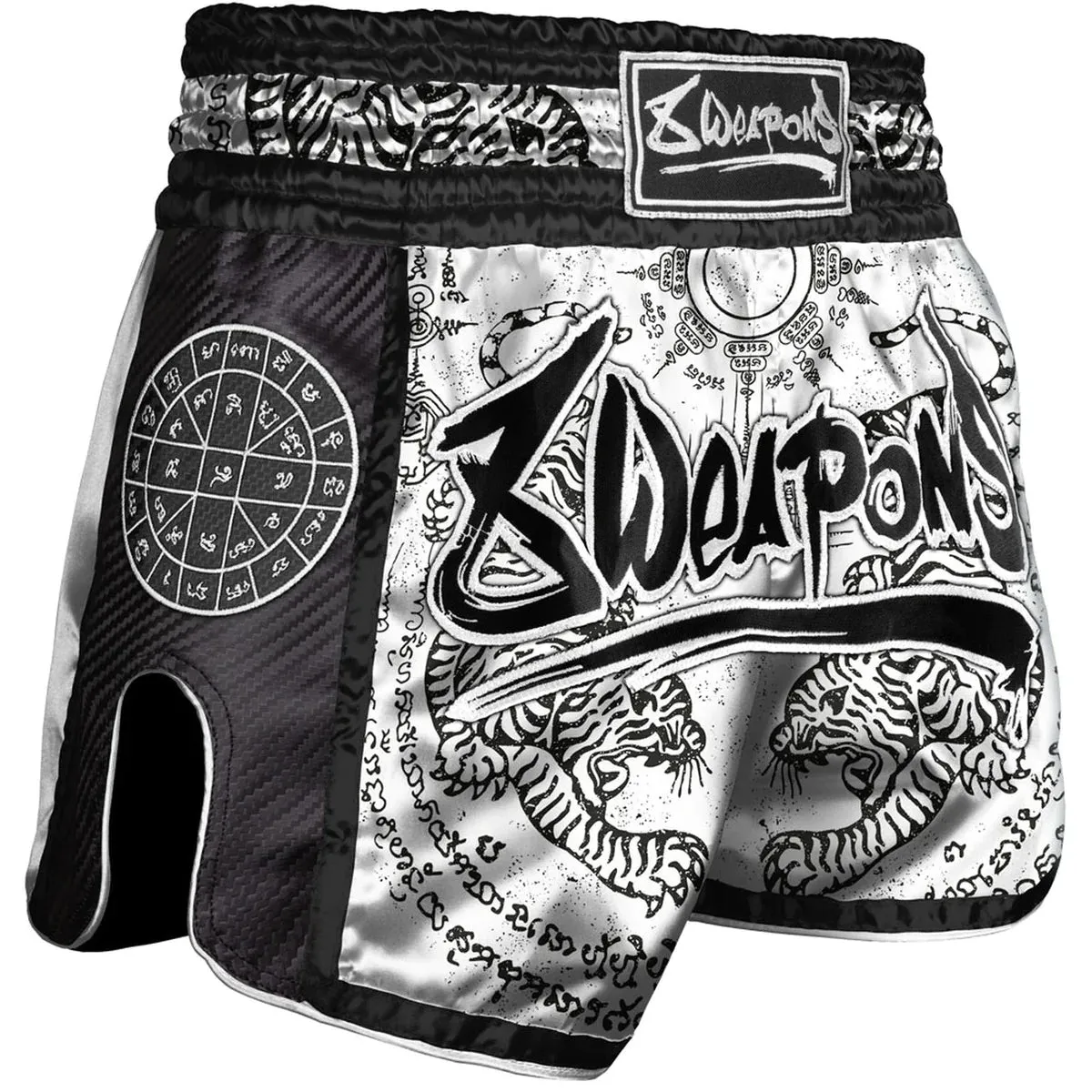 8 Weapons Sak Yant Tigers Carbon Muay Thai Shorts White