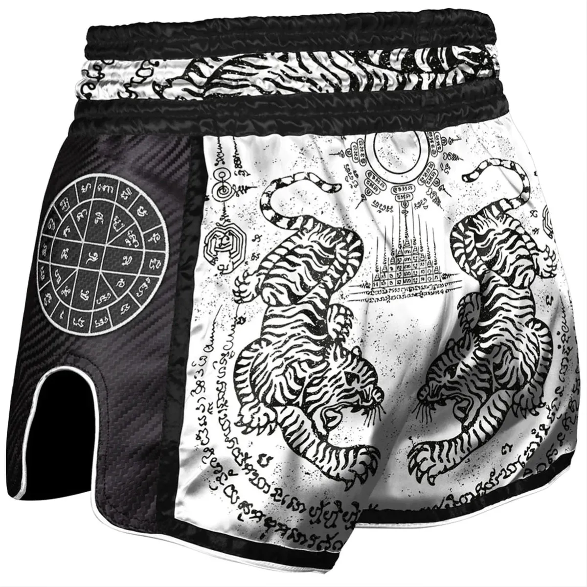 8 Weapons Sak Yant Tigers Carbon Muay Thai Shorts White