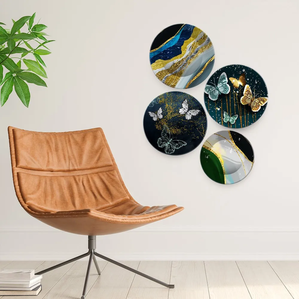 Abstract Golden Textured Art with Butterflies Wall Plates Painting Set of Four