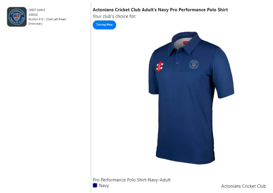 Actonians Cricket Club Adult's Navy Pro Performance Polo Shirt