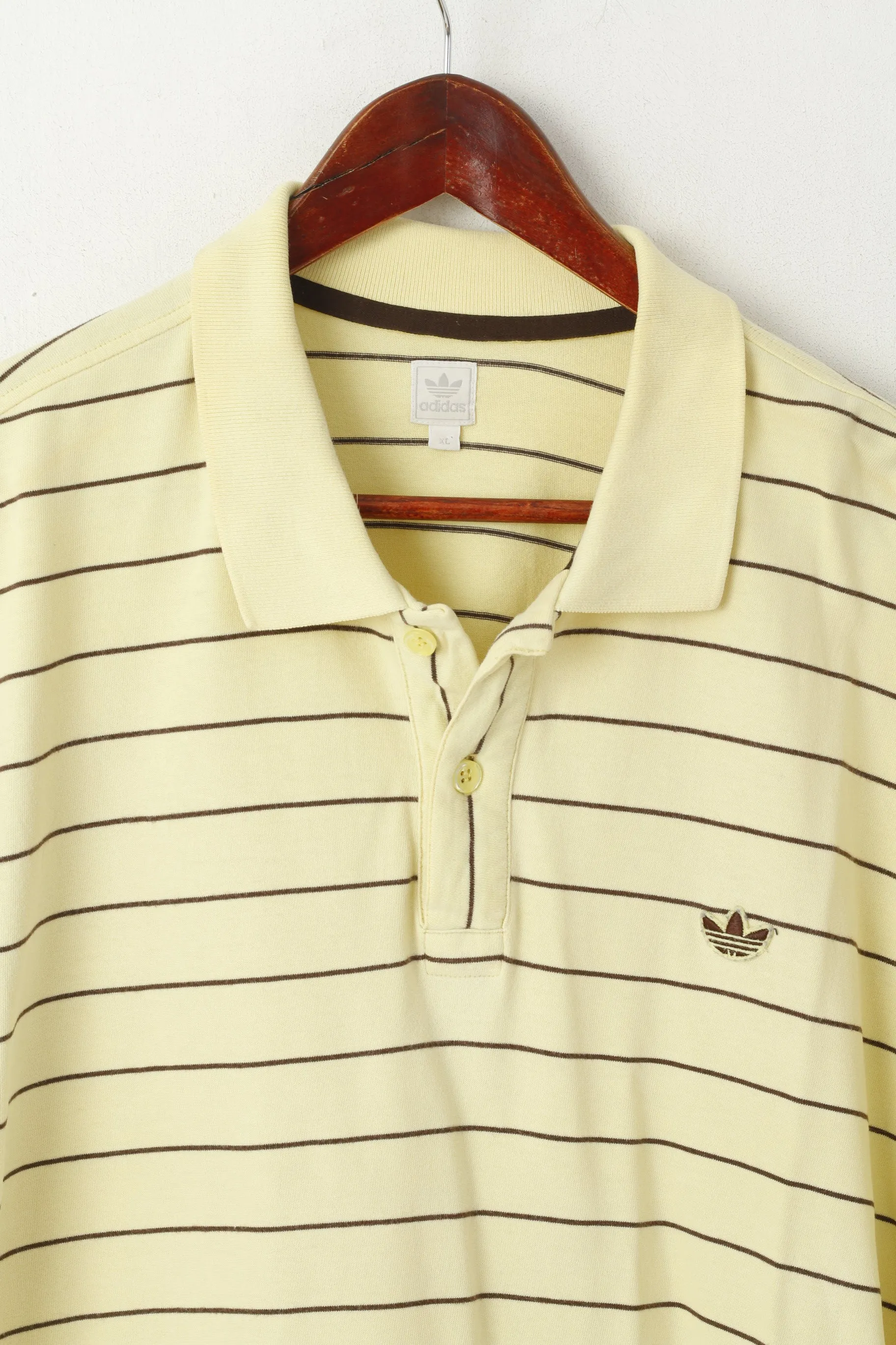 Adidas Men XL Polo Shirt Yellow Retro Cotton Striped Detailed Buttons Stretch Top