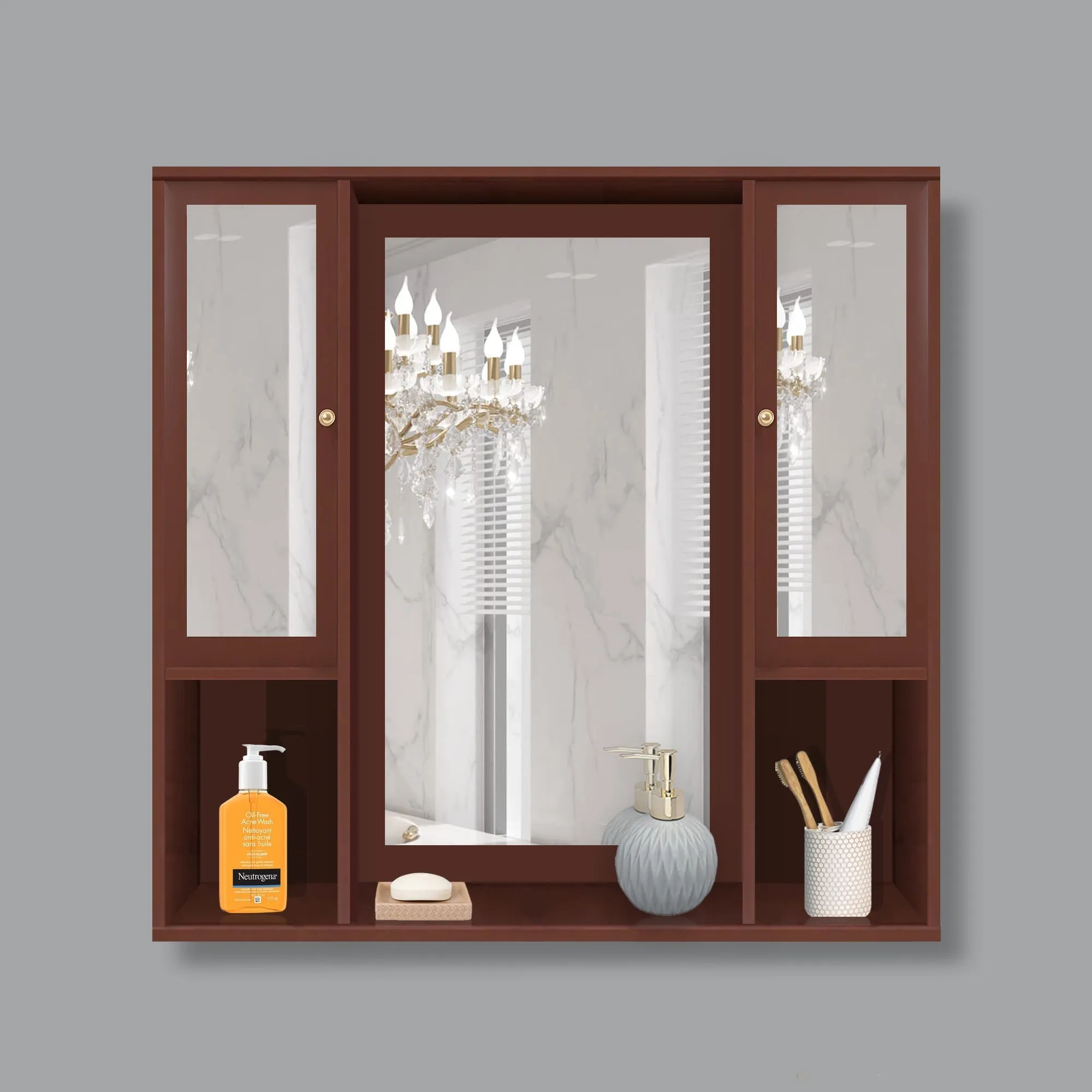 Aesthetic Wooden Bathroom Cabinet Mirror with 7 Spacious Shelves Finish Solid Brown