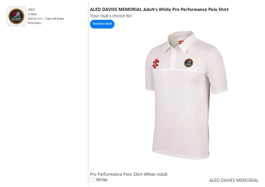 ALED DAVIES MEMORIAL  Adult's White Pro Performance Polo Shirt