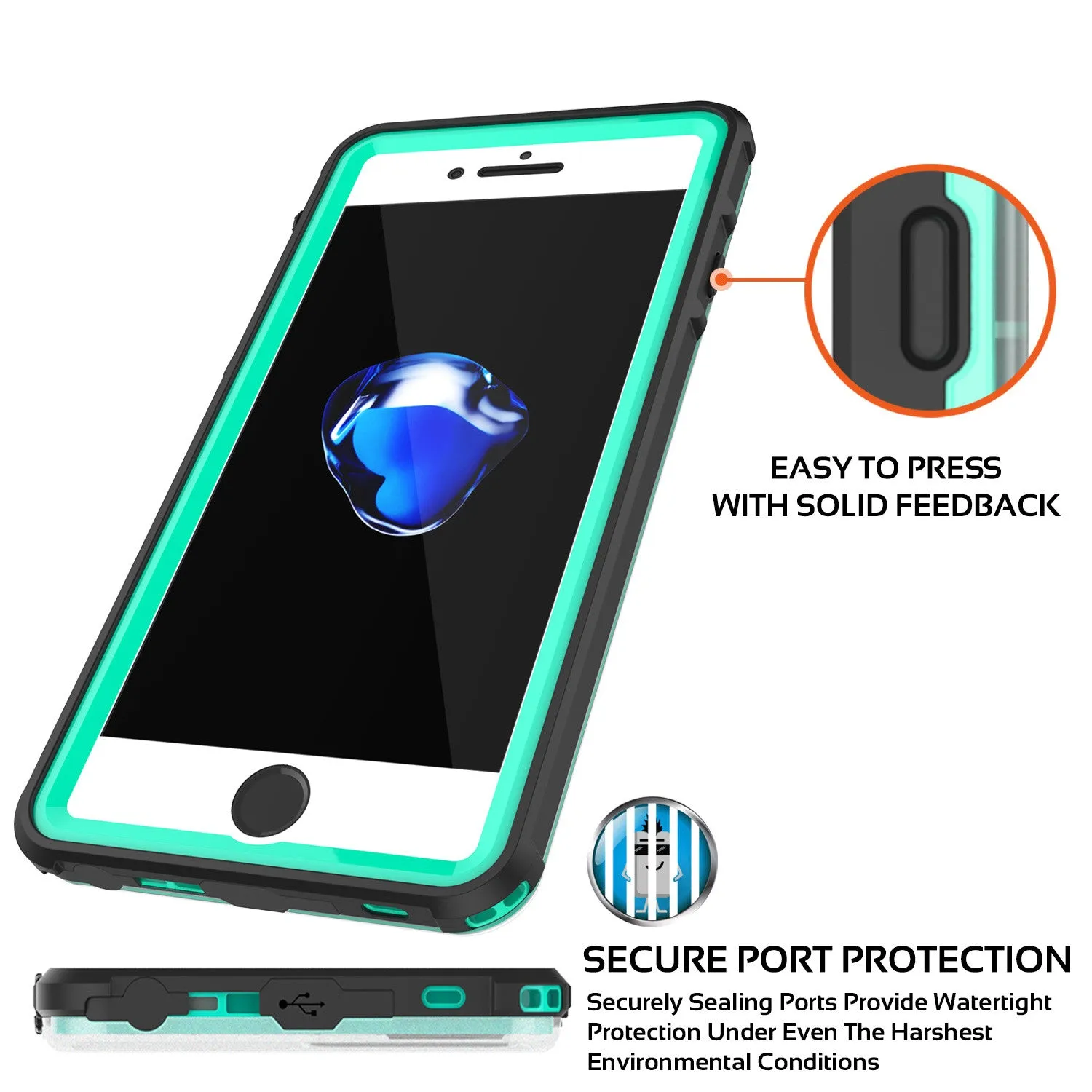 Apple iPhone 7 Waterproof Case, PUNKcase CRYSTAL Teal W/ Attached Screen Protector  | Warranty