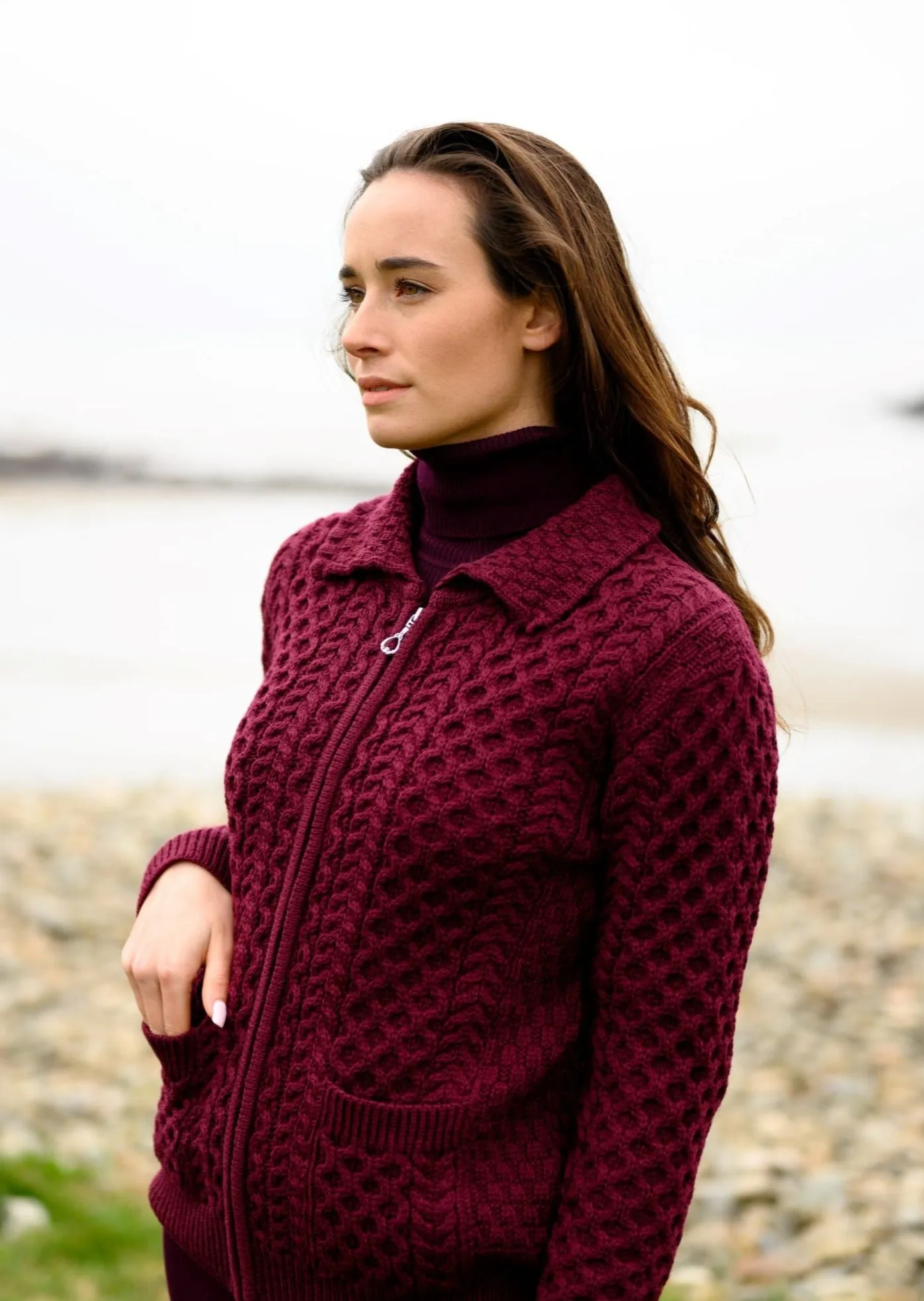 Aran Full Zip Cardigan | Burgundy