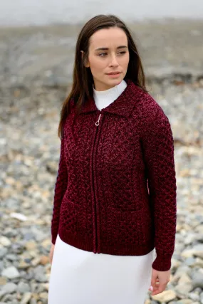 Aran Full Zip Cardigan | Burgundy