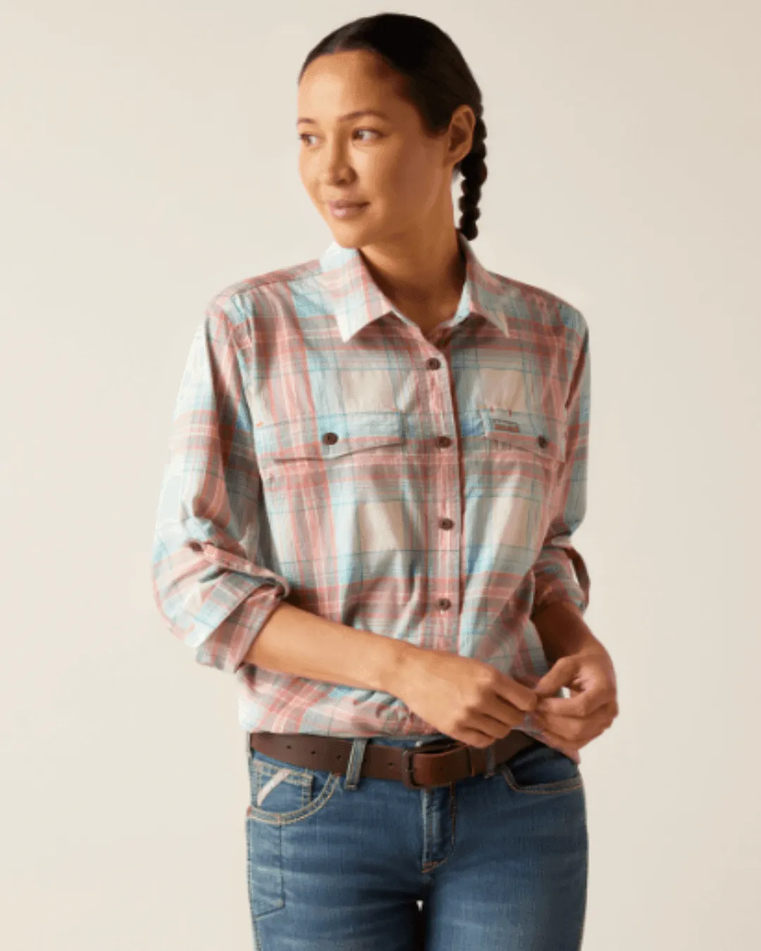 Ariat Women's Rebar Vanilla Ice Plaid Made Tough DuraStretch Long Sleeve Work Shirt 10048720