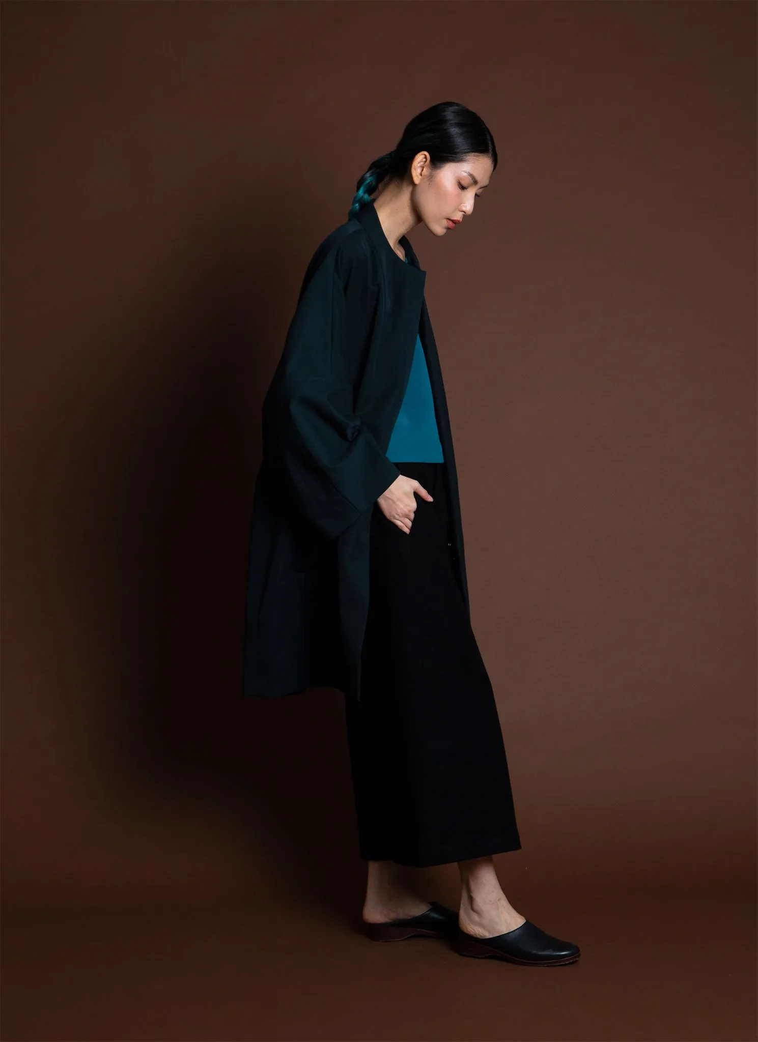 Arum Dropped Sleeve Long Zipper Coat - Forest Green/Blue