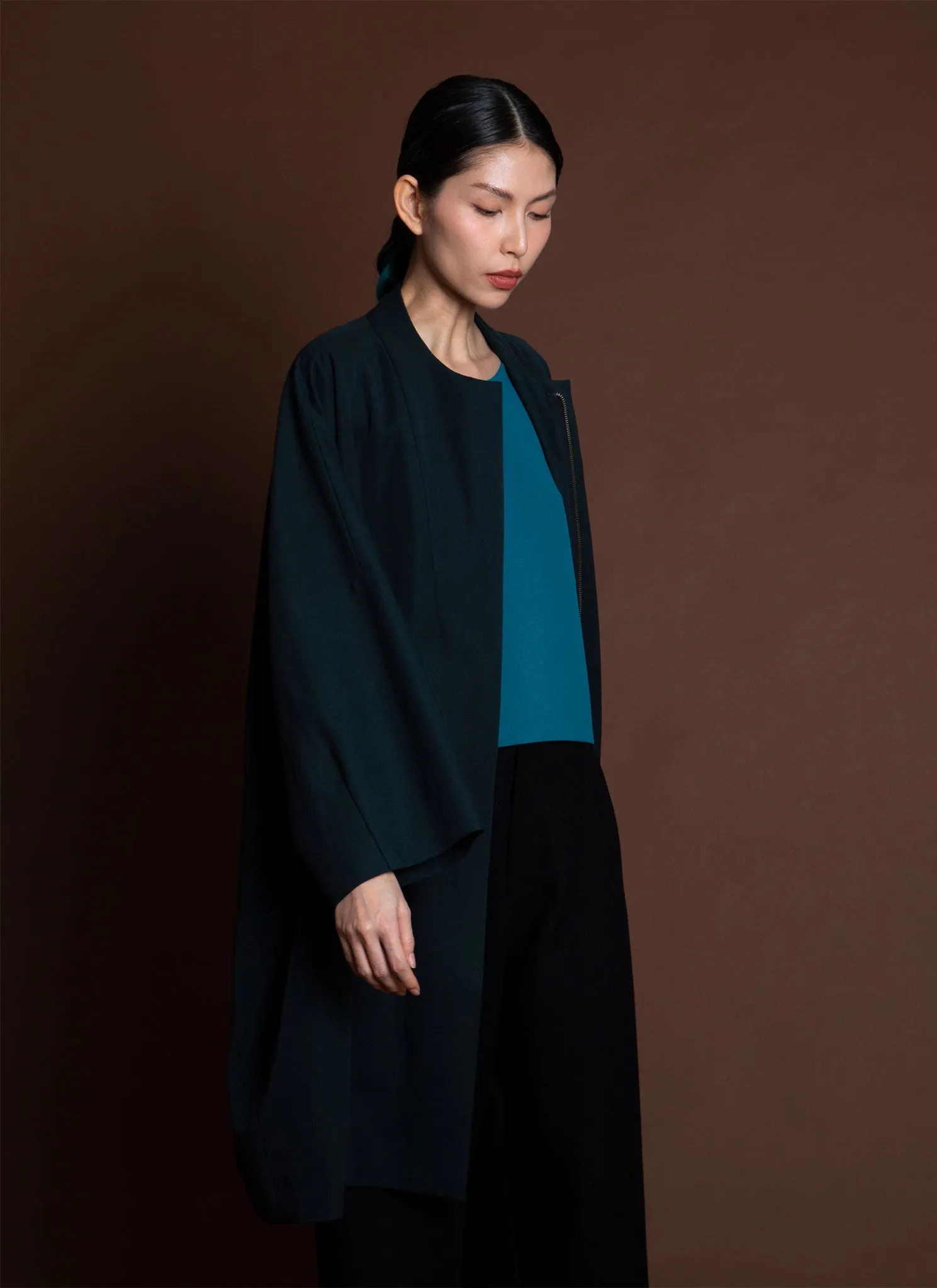 Arum Dropped Sleeve Long Zipper Coat - Forest Green/Blue