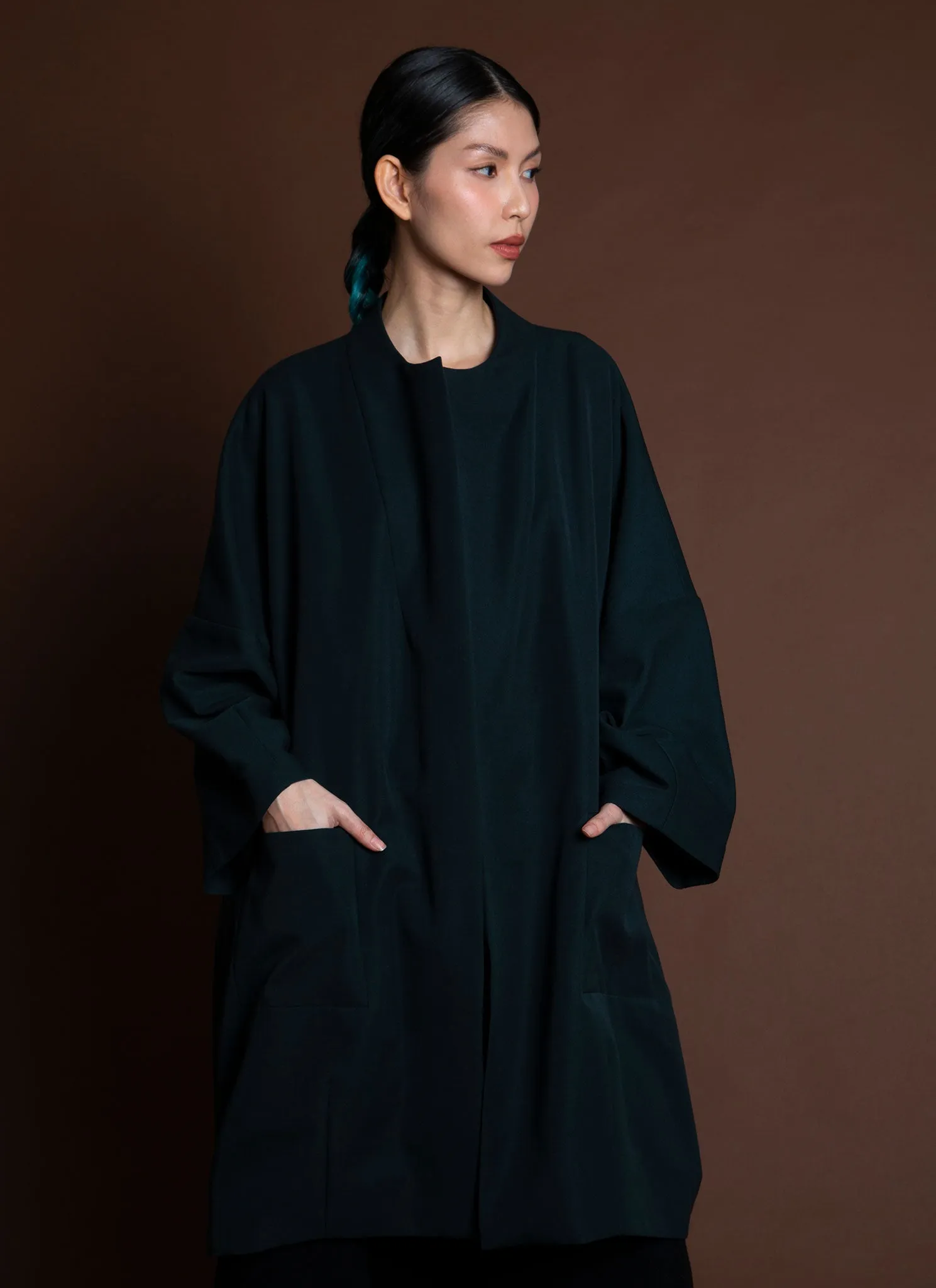 Arum Dropped Sleeve Long Zipper Coat - Forest Green/Blue