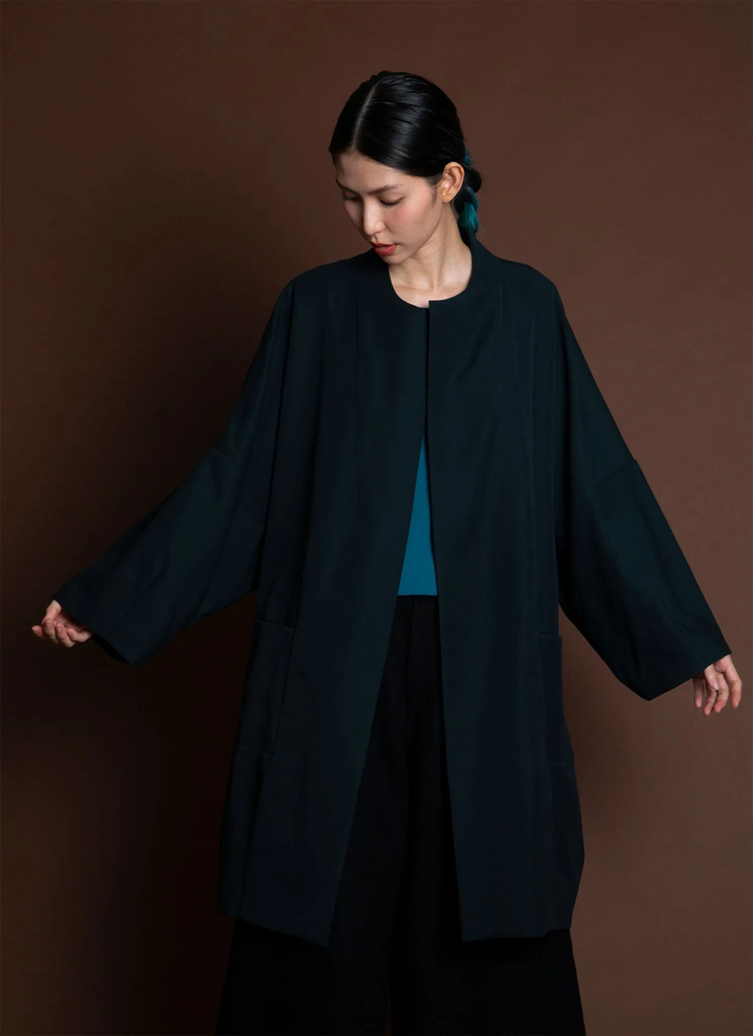 Arum Dropped Sleeve Long Zipper Coat - Forest Green/Blue