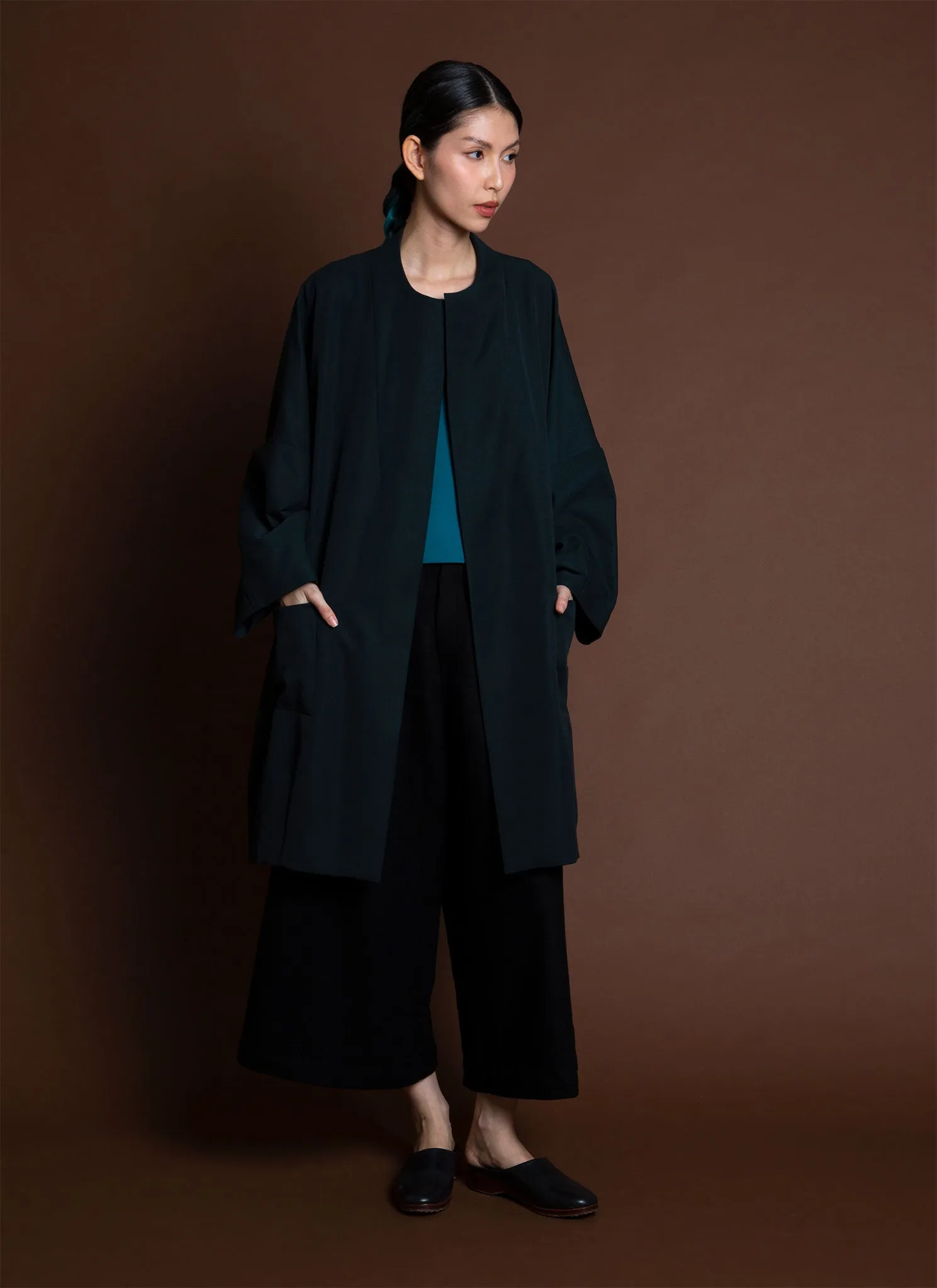 Arum Dropped Sleeve Long Zipper Coat - Forest Green/Blue