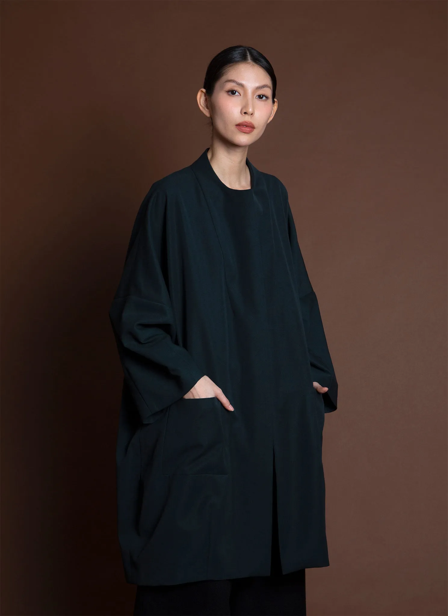 Arum Dropped Sleeve Long Zipper Coat - Forest Green/Blue