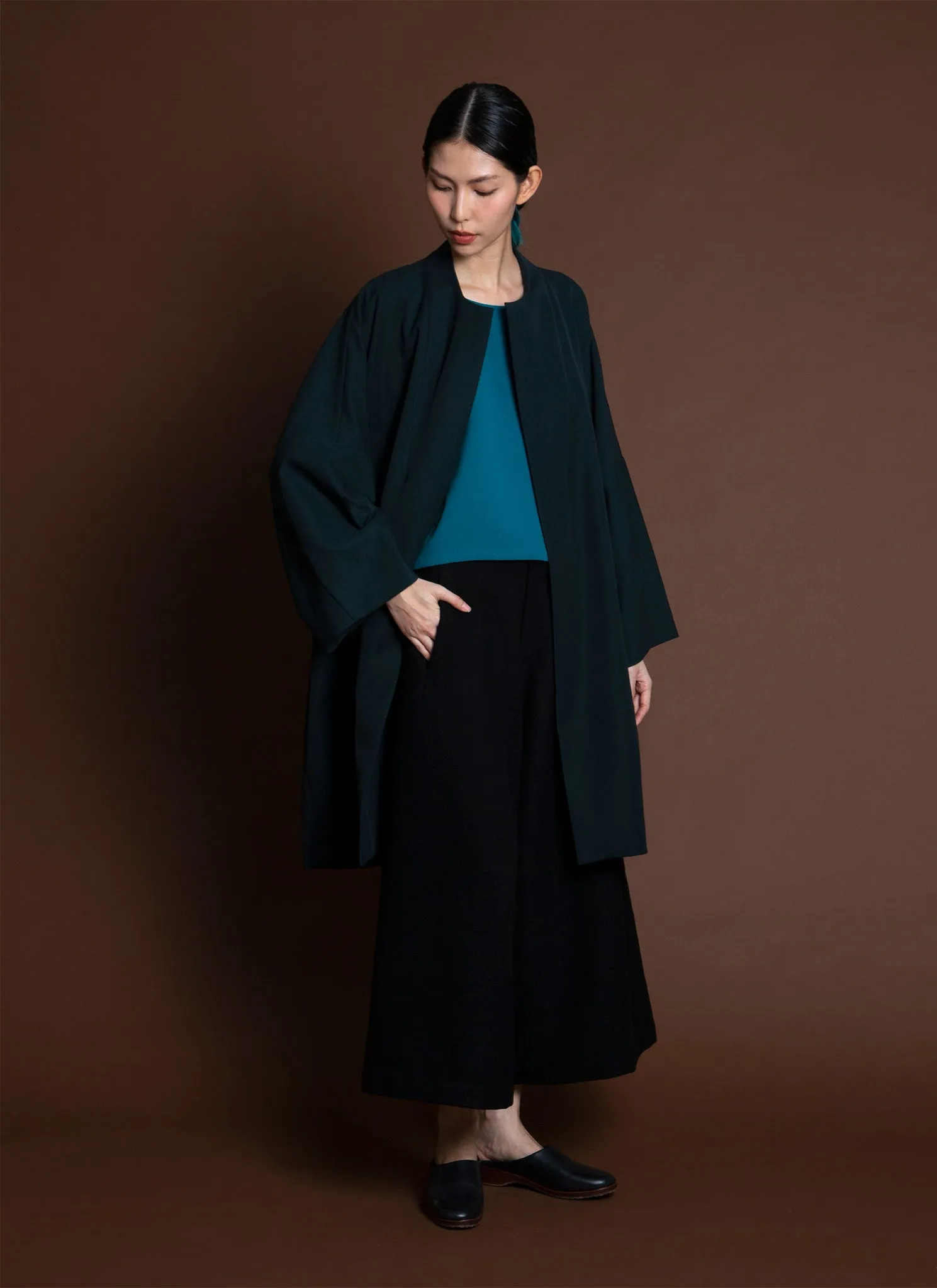 Arum Dropped Sleeve Long Zipper Coat - Forest Green/Blue