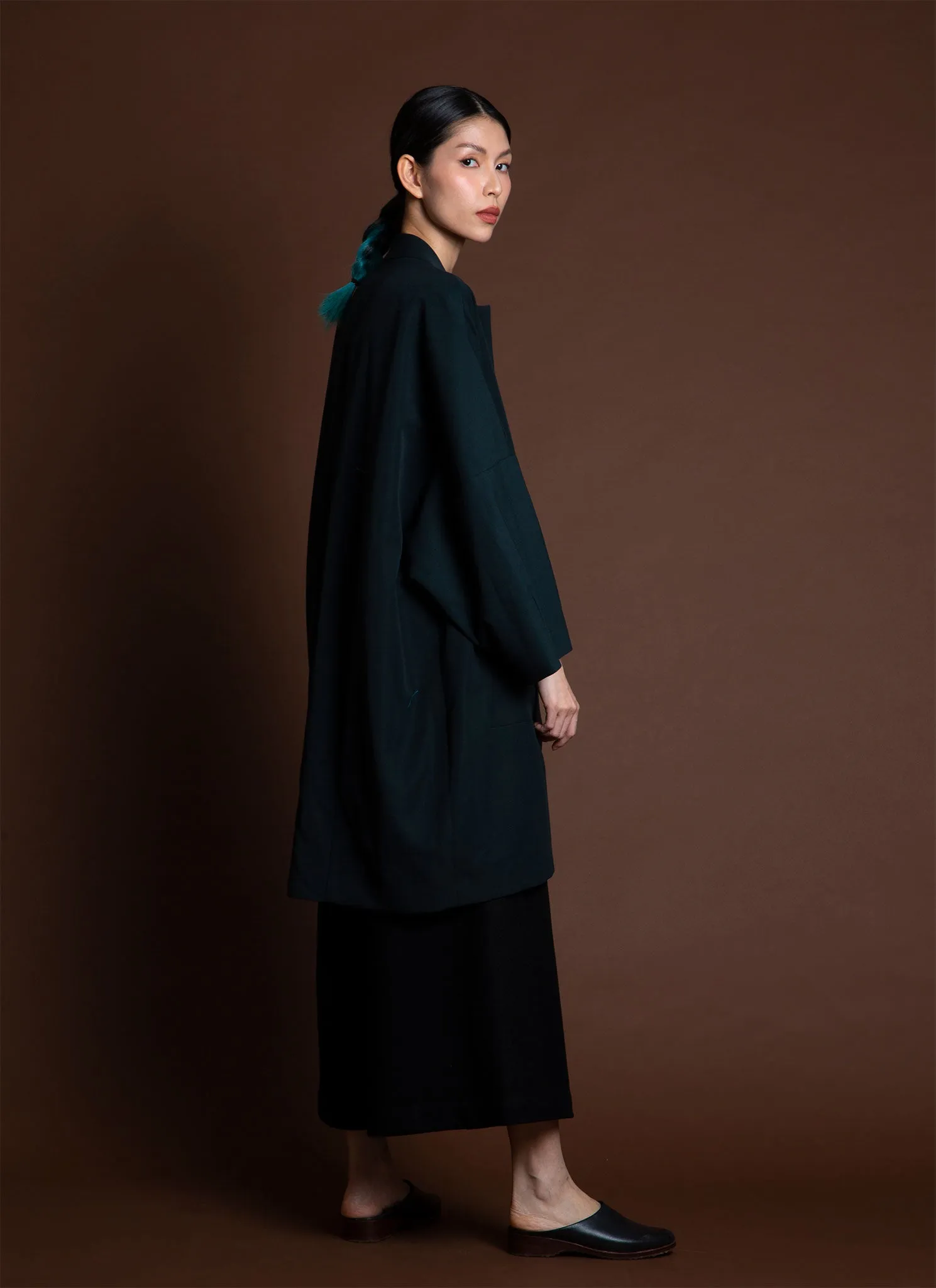 Arum Dropped Sleeve Long Zipper Coat - Forest Green/Blue