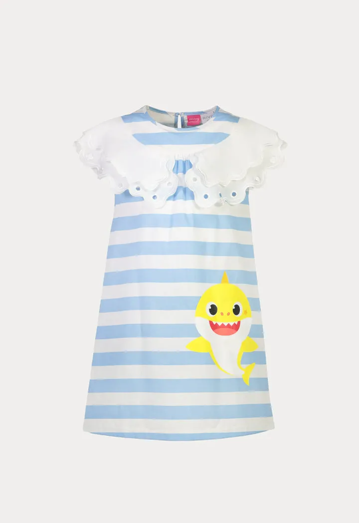 Baby Shark Digital Print Scallop Stripes Dress