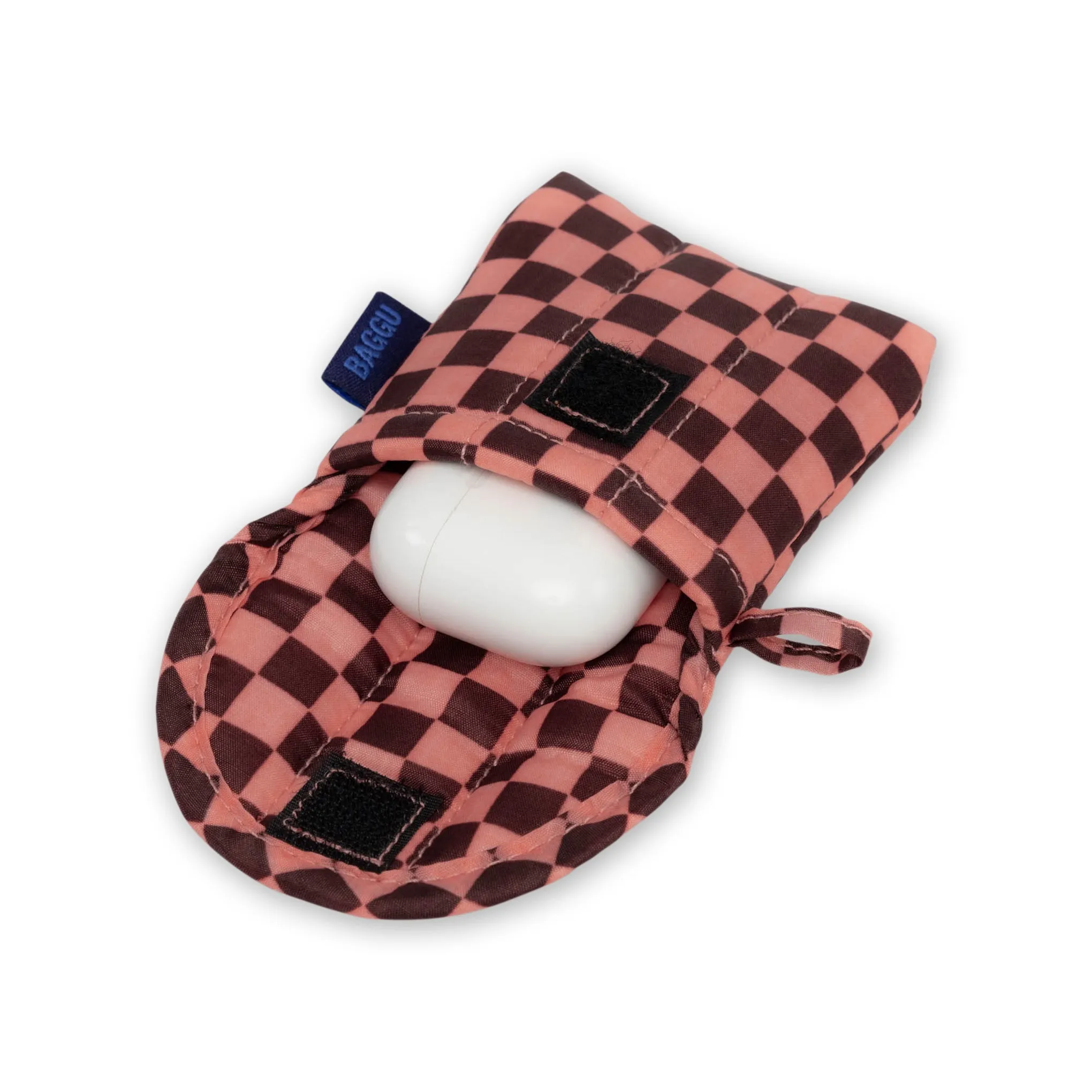 Baggu Puffy Recycled Nylon Earbuds Case - Pink Brown Check