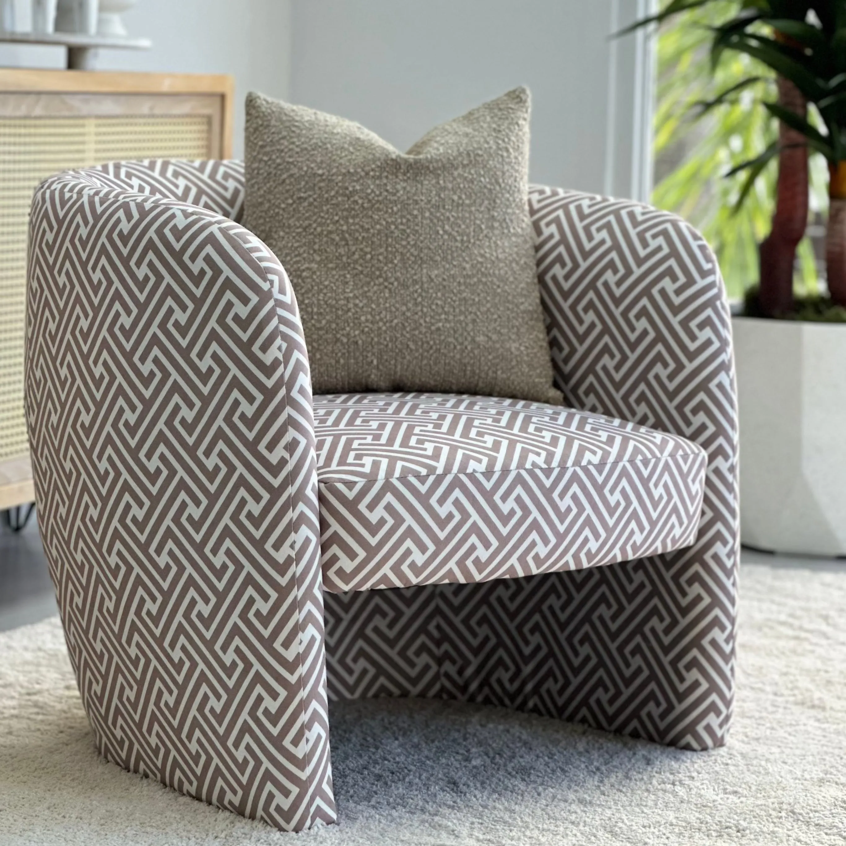 Barrel Bergere Taupe Printed Chair