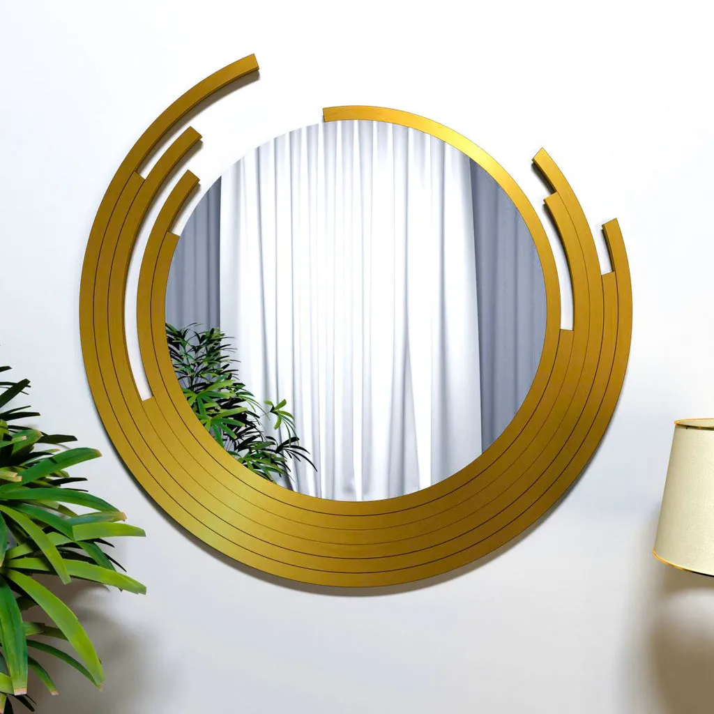 Beautiful Decorative Wooden Wall Mirror Round Shape with Golden Finish Frame