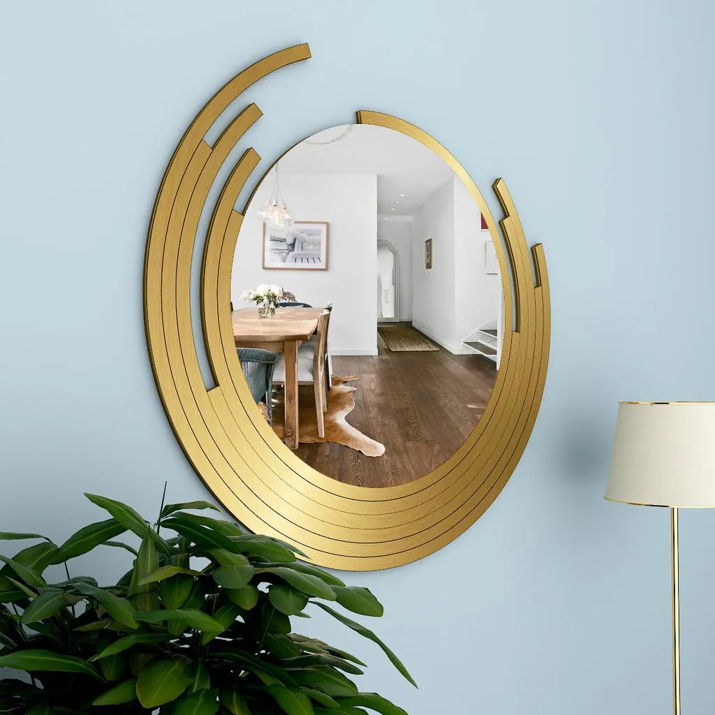 Beautiful Decorative Wooden Wall Mirror Round Shape with Golden Finish Frame