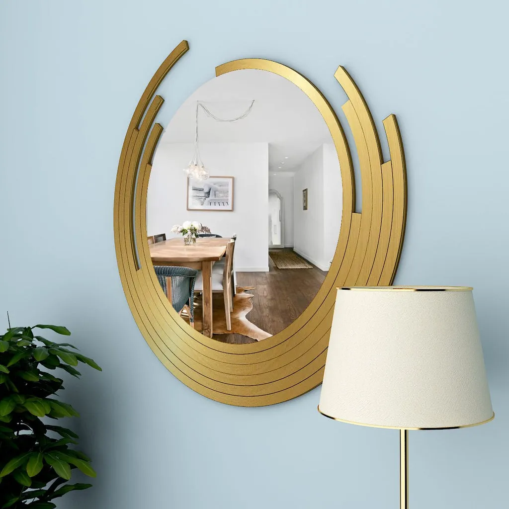 Beautiful Decorative Wooden Wall Mirror Round Shape with Golden Finish Frame