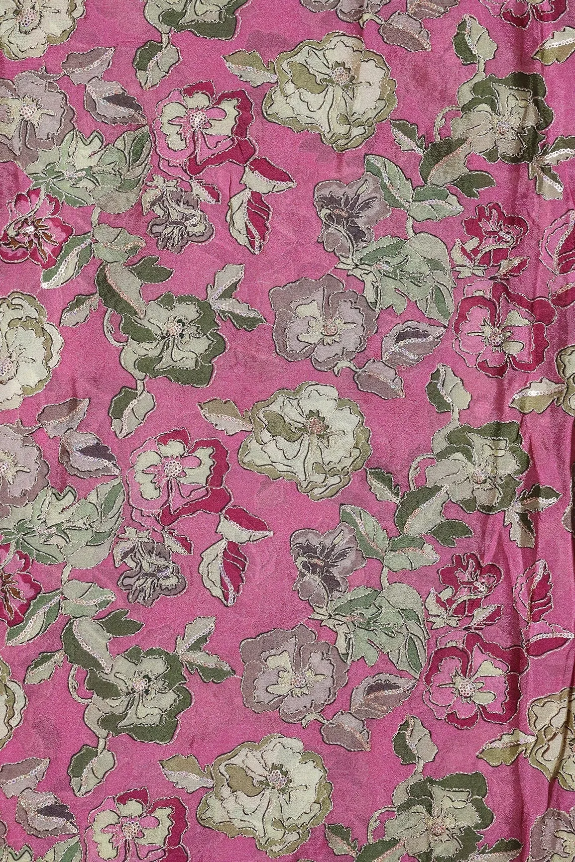 Beautiful Floral Position Print On Sequins Embroidery Pink Viscose Chinnon Chiffon Fabric