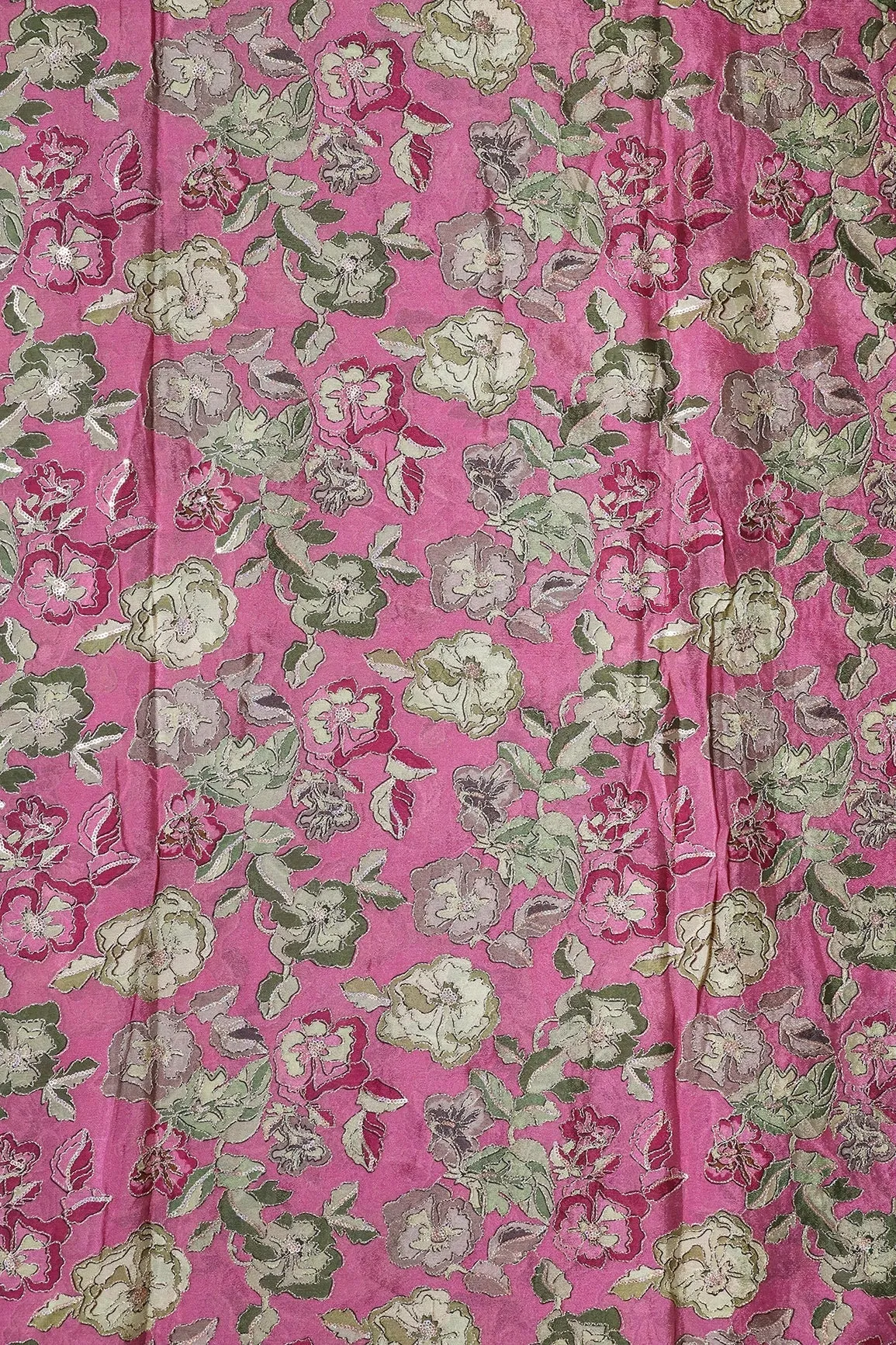 Beautiful Floral Position Print On Sequins Embroidery Pink Viscose Chinnon Chiffon Fabric