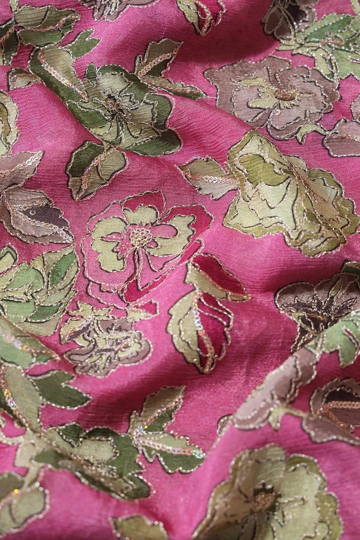 Beautiful Floral Position Print On Sequins Embroidery Pink Viscose Chinnon Chiffon Fabric