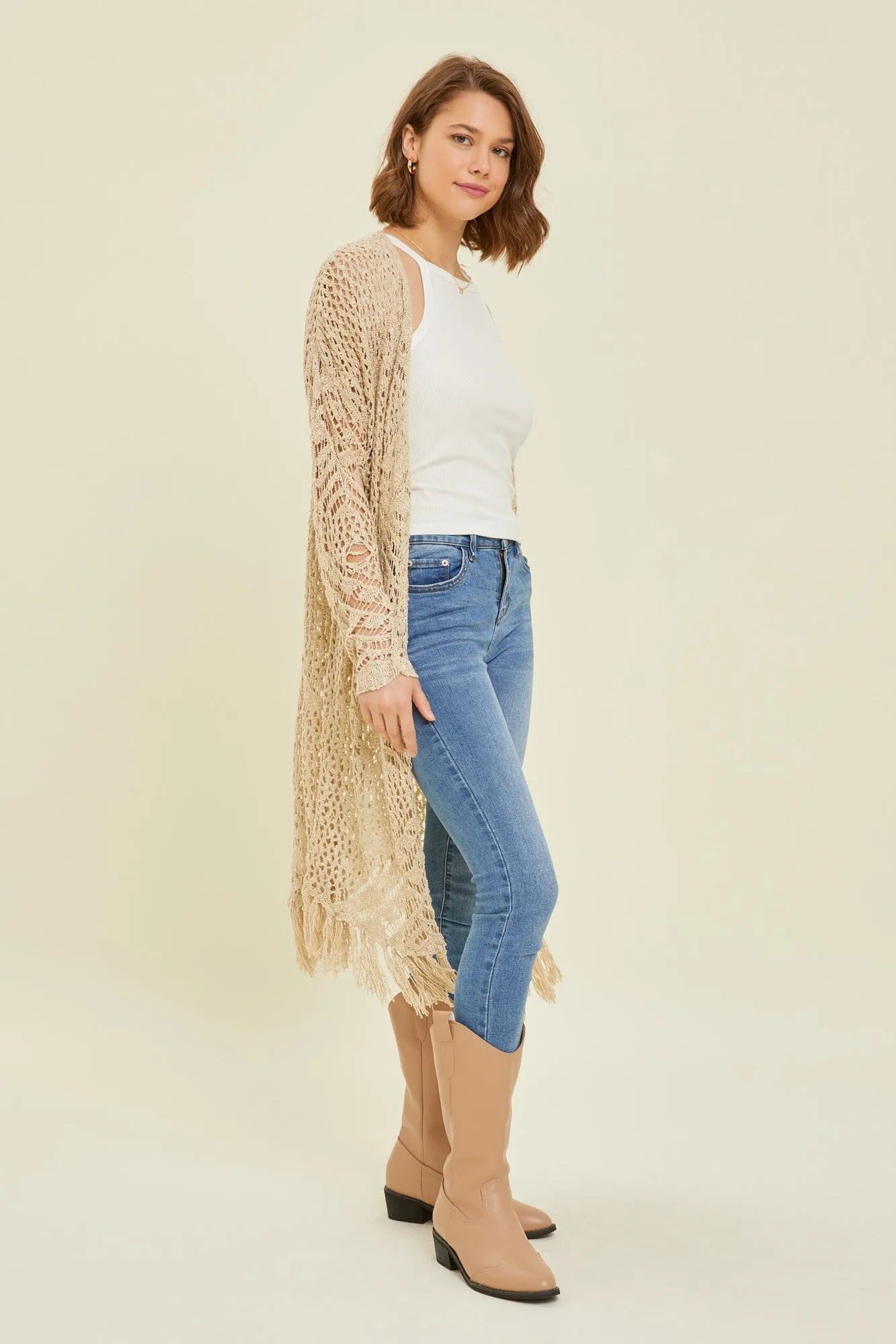 Beige Crochet Fringe Hem Cardigan