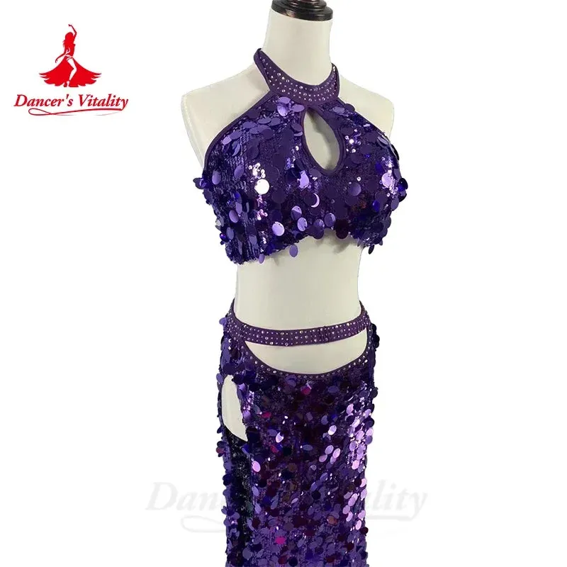 Belly Dance Costume for Women Customsized Big Sequins Top split Long Skirt 2pcs Customsize Adult Child Oriental Professional Set