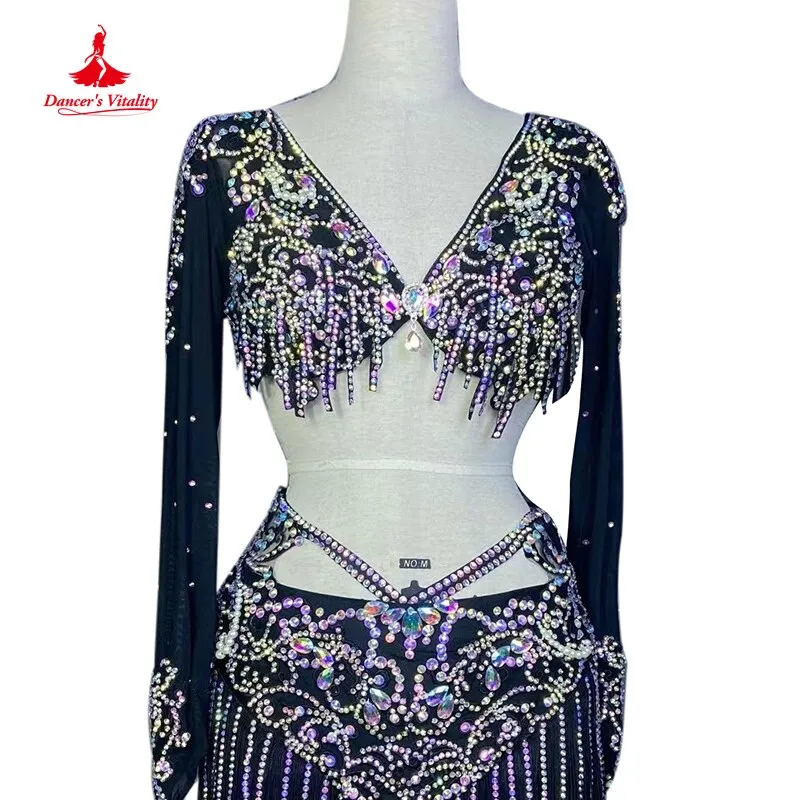 Belly Dance Costume Suit Customsized Mesh AB Stones Long Sleeves Top tassel Short Skirt 2pcs Belly Dancing Performance Outfit