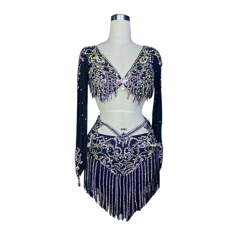 Belly Dance Costume Suit Customsized Mesh AB Stones Long Sleeves Top tassel Short Skirt 2pcs Belly Dancing Performance Outfit