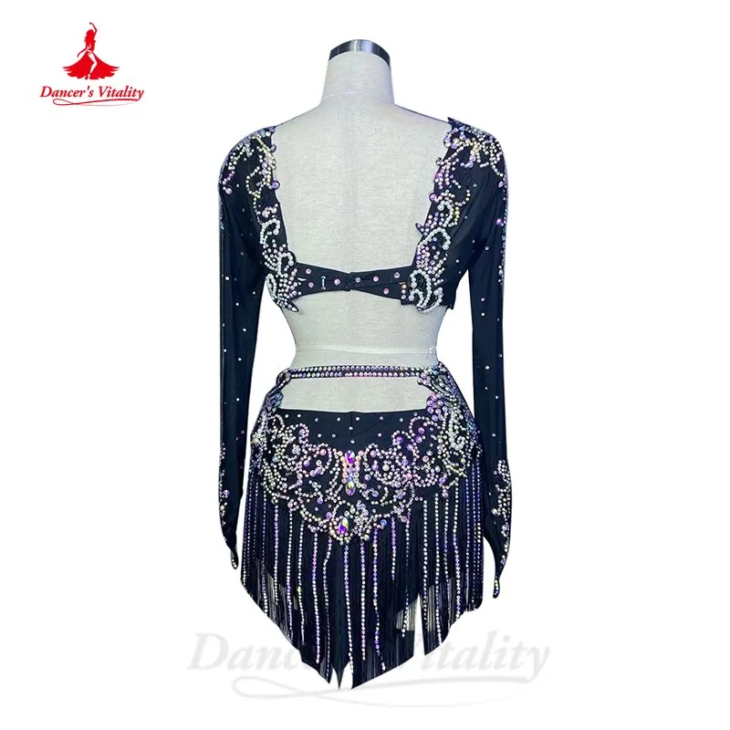 Belly Dance Costume Suit Customsized Mesh AB Stones Long Sleeves Top tassel Short Skirt 2pcs Belly Dancing Performance Outfit