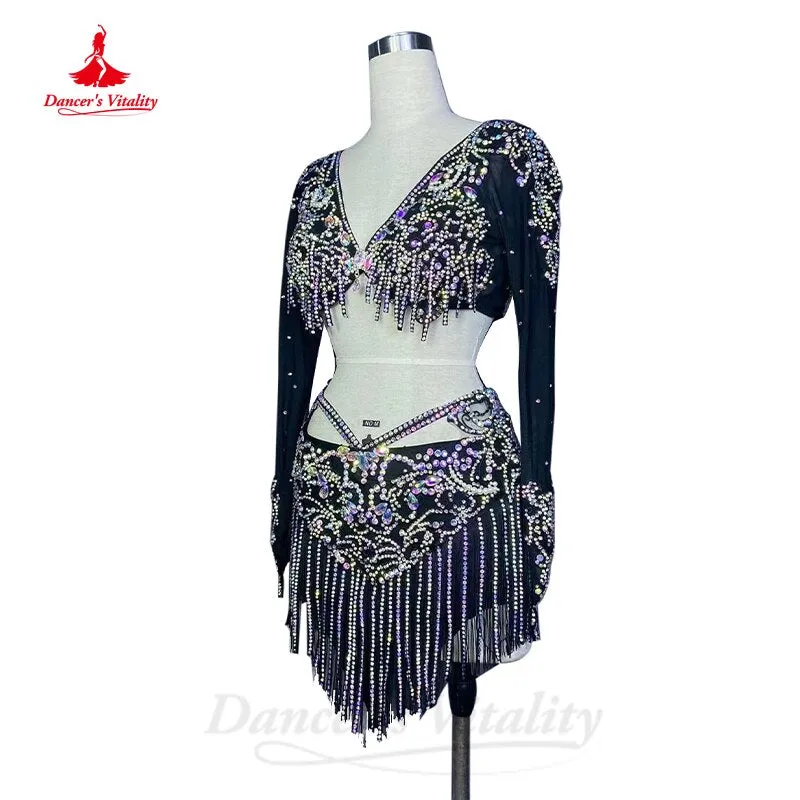 Belly Dance Costume Suit Customsized Mesh AB Stones Long Sleeves Top tassel Short Skirt 2pcs Belly Dancing Performance Outfit