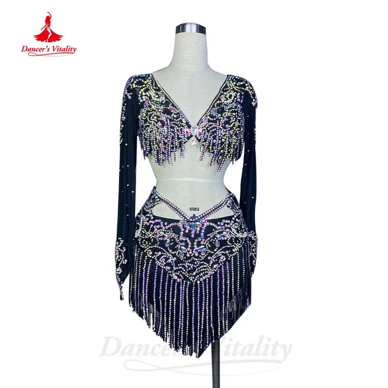 Belly Dance Costume Suit Customsized Mesh AB Stones Long Sleeves Top tassel Short Skirt 2pcs Belly Dancing Performance Outfit