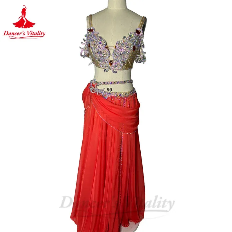 Belly Dance Performance Costume Set for Women Senior AB Stones Bra chiffon Long Skirt 2pcs Custom Adult Child Oriental Outfit