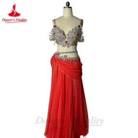 Belly Dance Performance Costume Set for Women Senior AB Stones Bra chiffon Long Skirt 2pcs Custom Adult Child Oriental Outfit