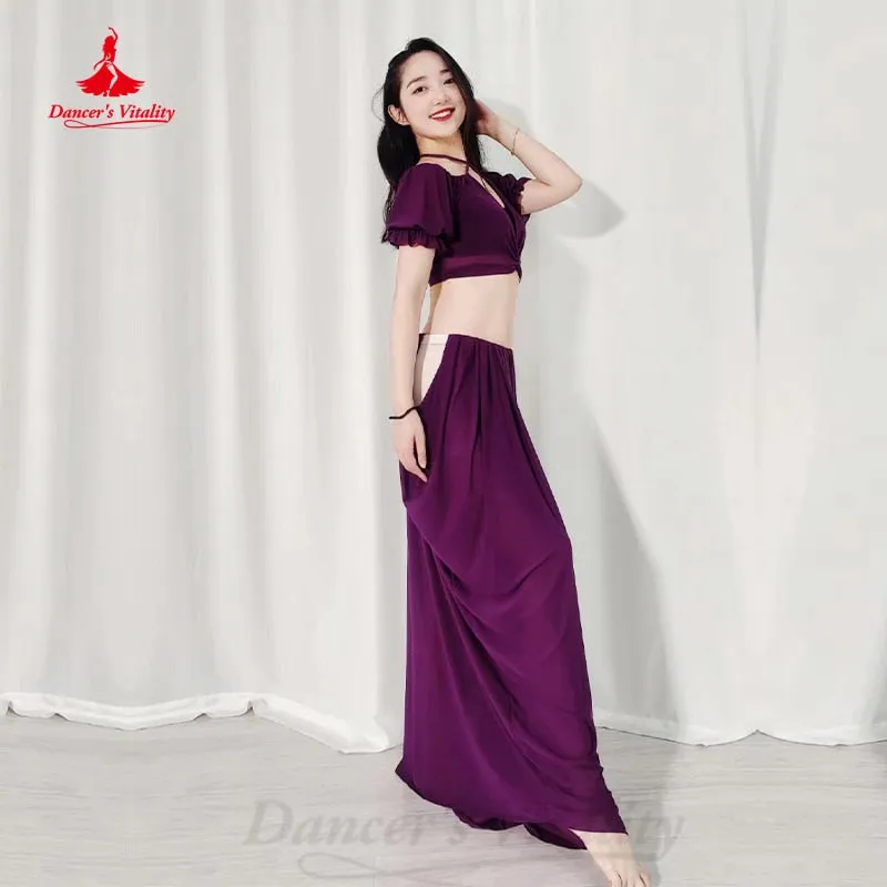 Belly Dancer Costume Suit Women Chiffon Short Sleeves Top long Skirt 2pcs Girl Oriental Dancing Clothing Bellydance Wear Outfit