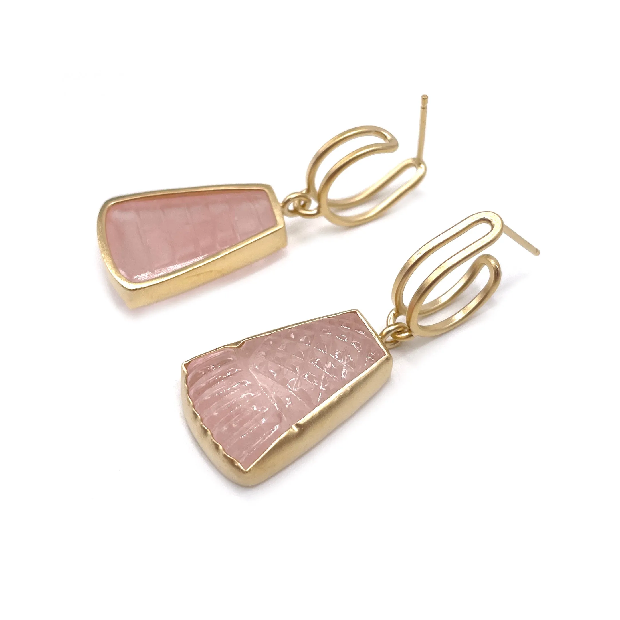 Bent Link & Carved Rose Quartz Hoops