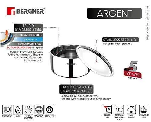 BERGNER Argent Triply Stainless Steel Tope with Stainless Steel Lid, Induction Base