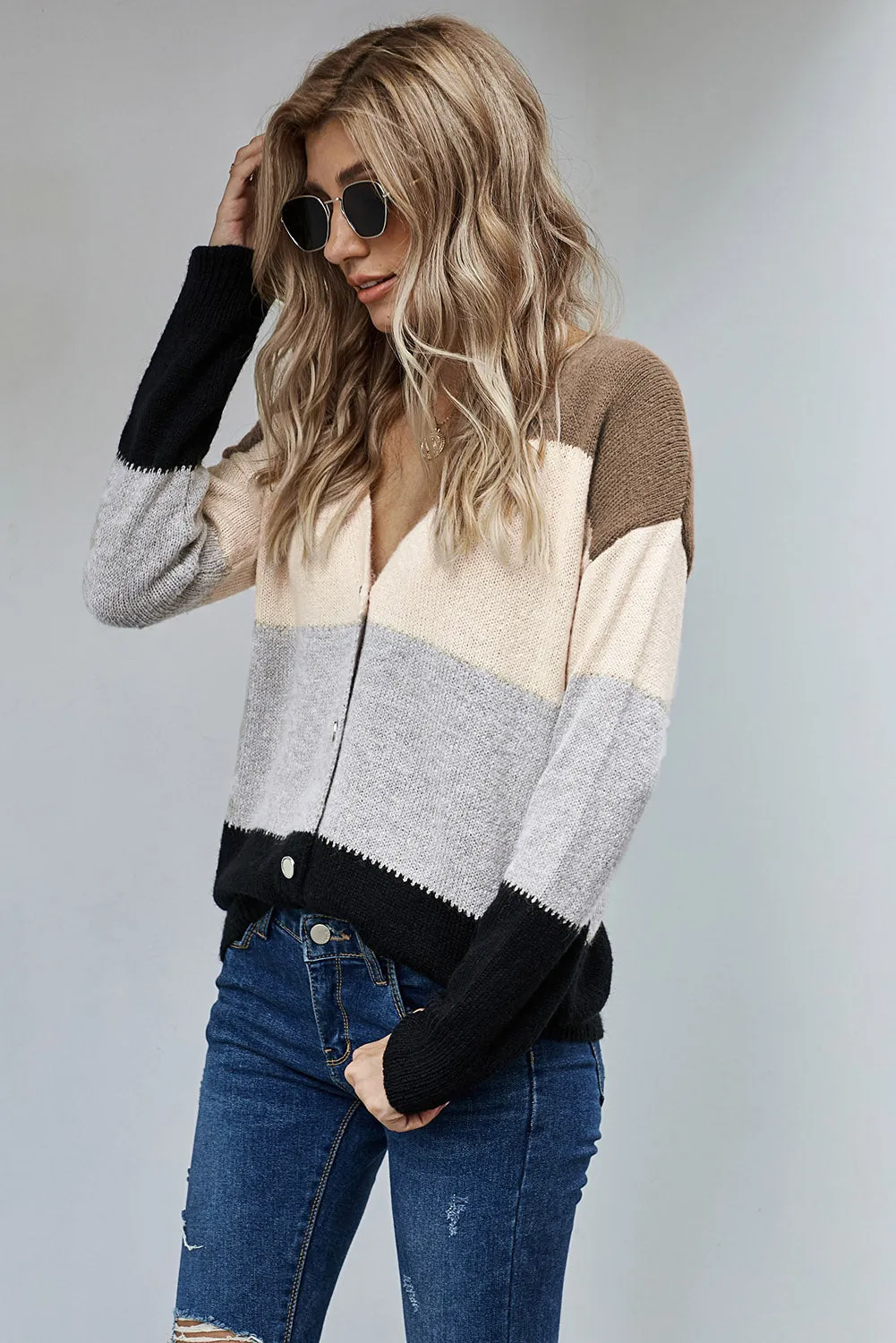 Black Color block Buttoned Closure Sweater