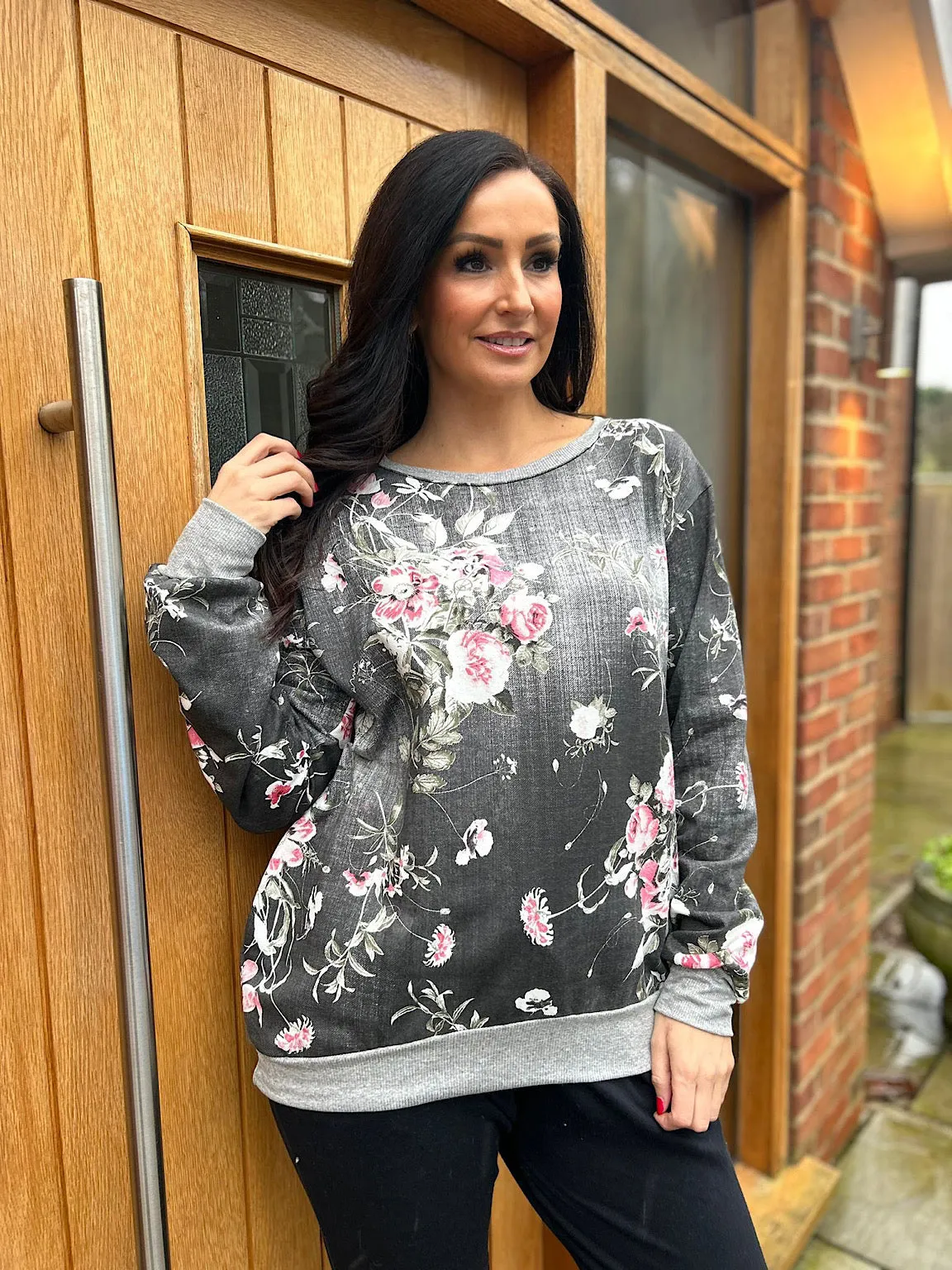 Black Denim Floral Print Sweatshirt India