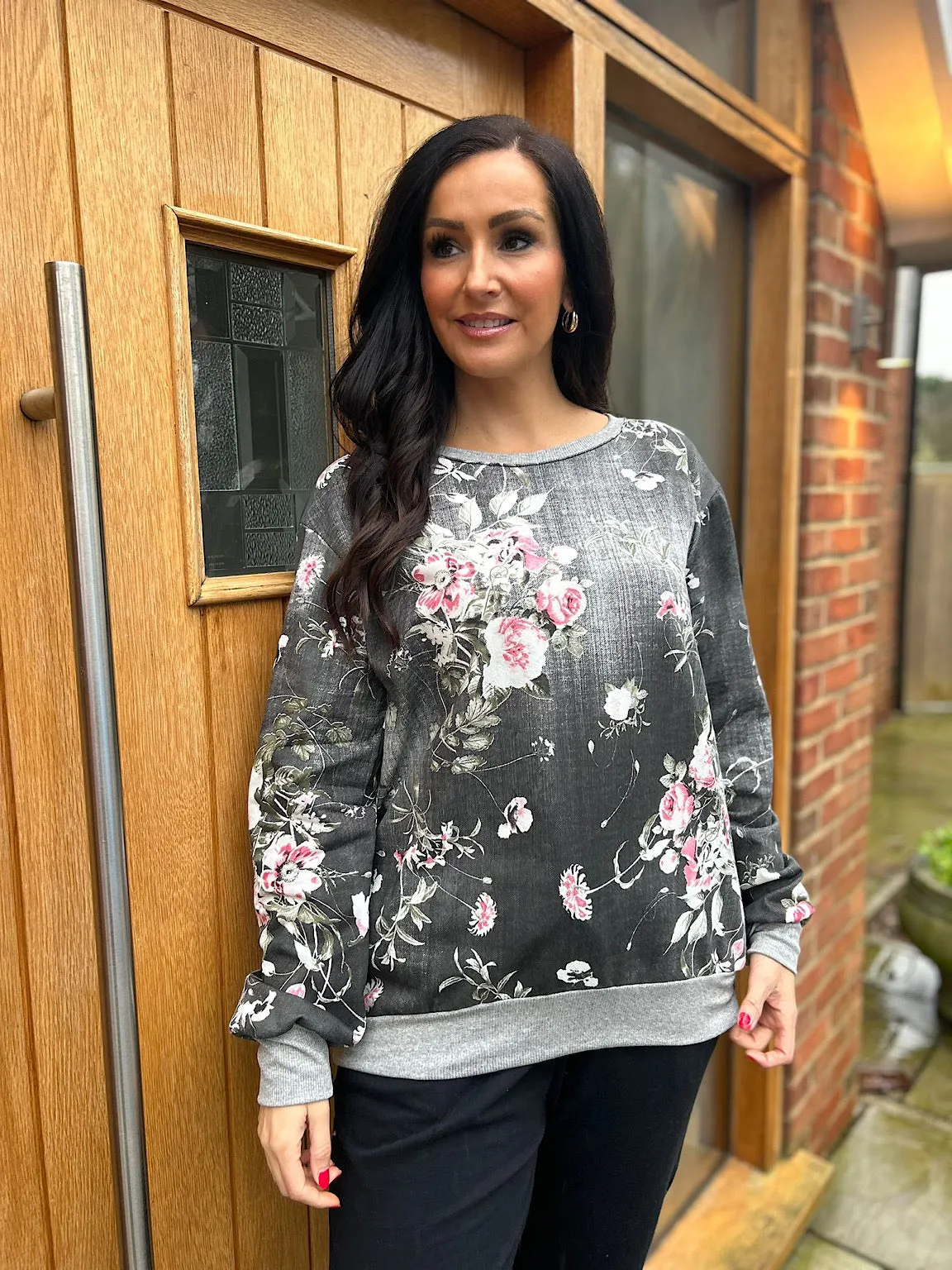 Black Denim Floral Print Sweatshirt India