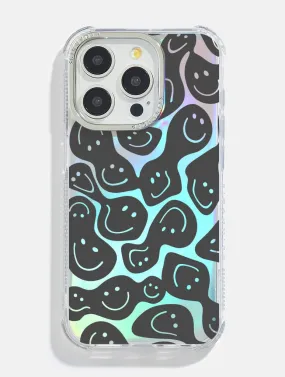 Black Warped Happy Face Holo Foil Shock iPhone Case