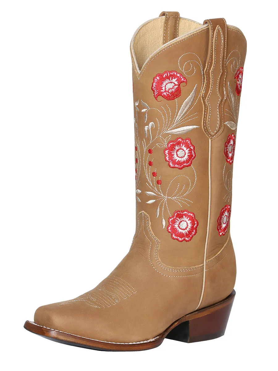 Botas Vaqueras Rodeo con Tubo Bordado de Flores de Piel Genuina para Mujer 'El General' - ID: 42983